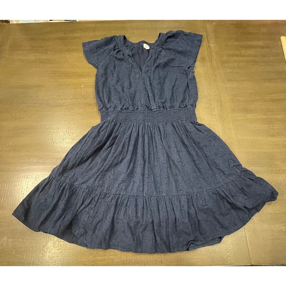 LOFT Beach Women's Small Navy Blue Textured Print Ruffle Hem Dress Casual